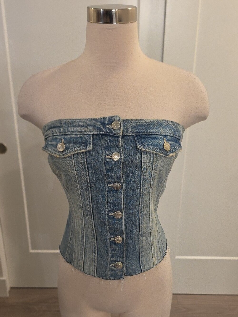 Zara Light Blue Denim strapless Button-Front Corset Top size M new with tags - Picture 2 of 10